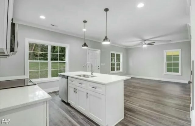 kitchen with black electric stovetop, hanging light fixtures, white cabinets, a sink, and dishwasher