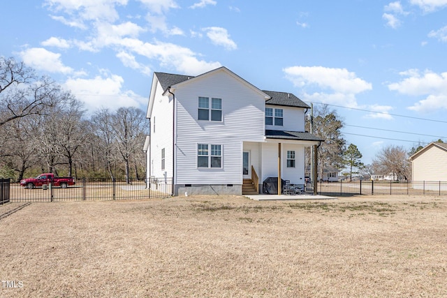 view of front of home featuring entry steps, crawl space, roof with shingles, and fence