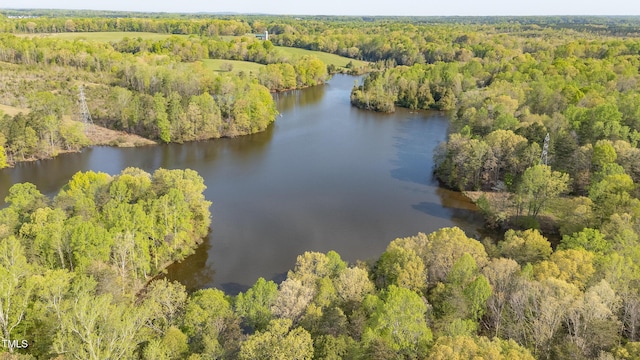 birds eye view of property with a view of trees and a water view