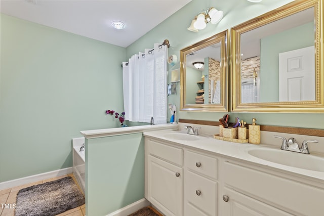 bathroom with tile patterned flooring, double vanity, a bathtub, and a sink