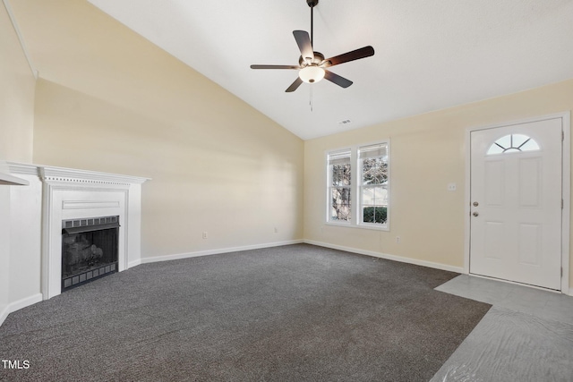 unfurnished living room featuring a fireplace, visible vents, a ceiling fan, baseboards, and carpet