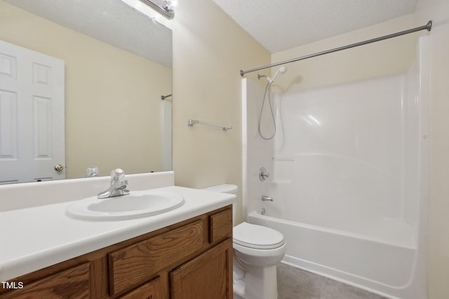 bathroom with a textured ceiling, toilet, vanity,  shower combination, and tile patterned floors