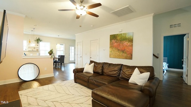 living area featuring ornamental molding, dark wood finished floors, visible vents, and baseboards