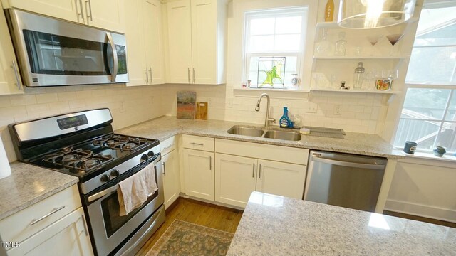 kitchen with stainless steel appliances, dark wood-type flooring, a sink, and light stone countertops