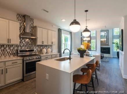 kitchen with a sink, wall chimney exhaust hood, tasteful backsplash, gas stove, and a center island with sink