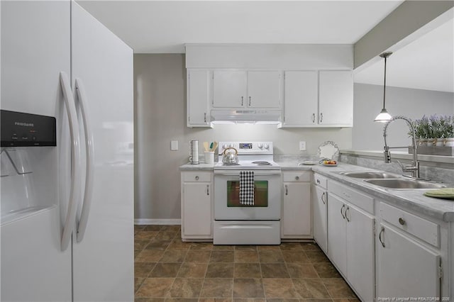 kitchen featuring under cabinet range hood, white appliances, a sink, white cabinets, and light countertops