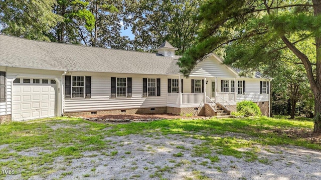 ranch-style house with roof with shingles, a porch, an attached garage, crawl space, and driveway