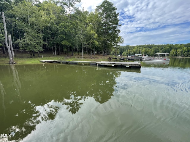 dock area with a water view and a wooded view