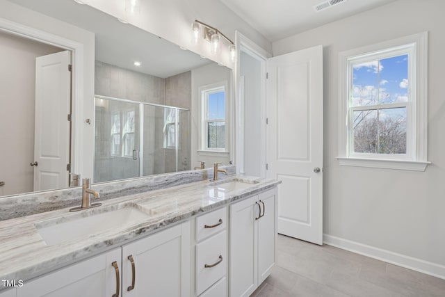 full bath with a stall shower, plenty of natural light, and a sink