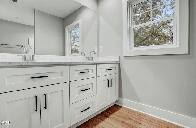 full bathroom featuring a sink, double vanity, wood finished floors, and baseboards