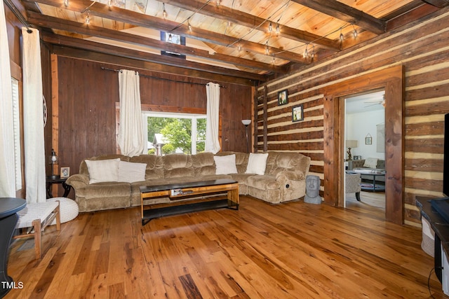 living area with beam ceiling, wooden ceiling, wood walls, and hardwood / wood-style floors