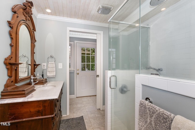 full bathroom featuring crown molding, a stall shower, wood ceiling, vanity, and tile patterned flooring