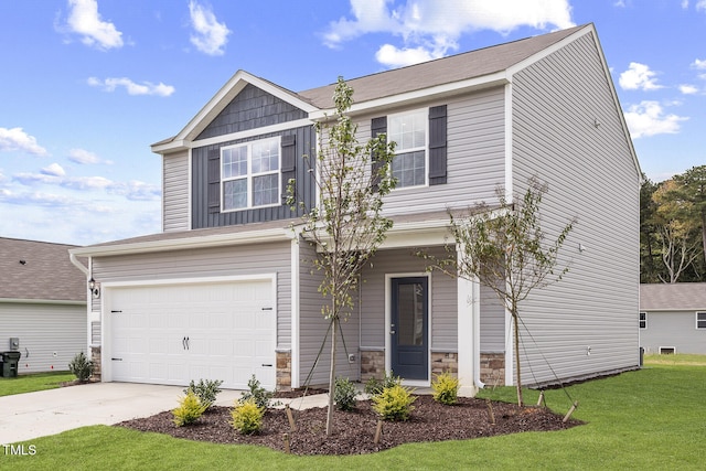 view of front of home featuring a garage, stone siding, concrete driveway, and a front yard