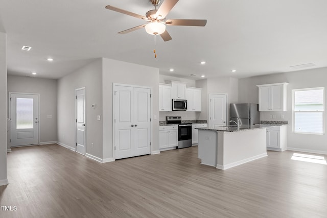 kitchen with light wood-style flooring, stainless steel appliances, and recessed lighting