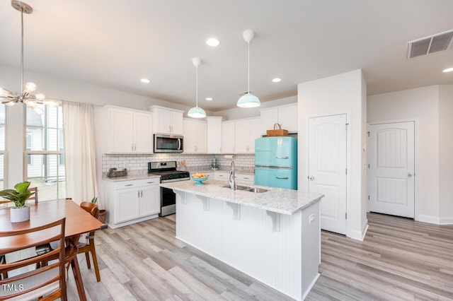 kitchen with appliances with stainless steel finishes, a sink, visible vents, and white cabinetry