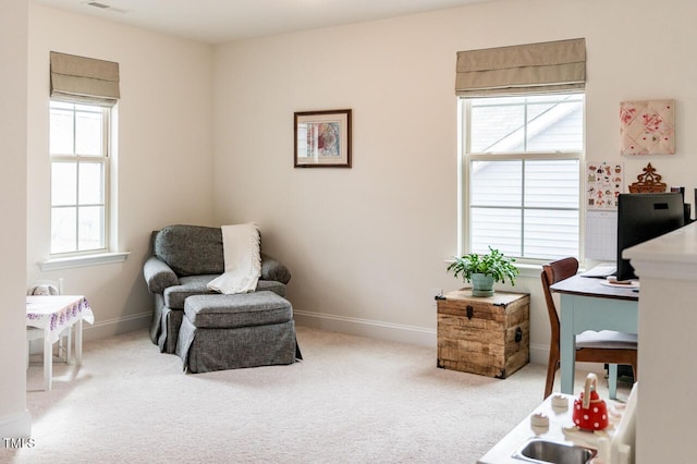 living area with carpet flooring, a wealth of natural light, and baseboards