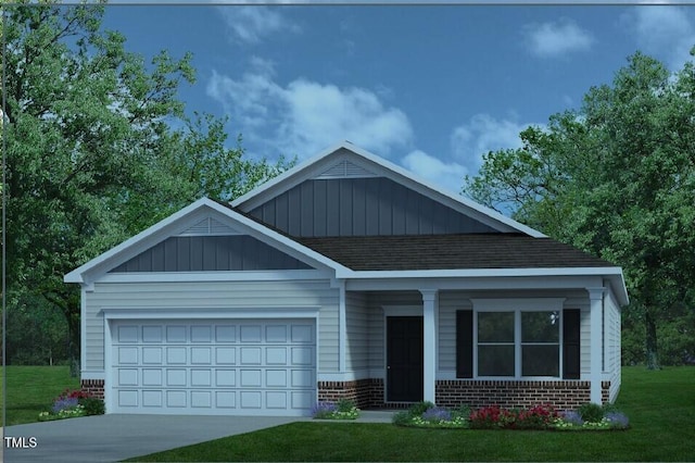 view of front facade featuring a garage, brick siding, a shingled roof, concrete driveway, and a front yard