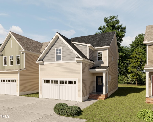 view of front of property with a garage, driveway, and a front yard