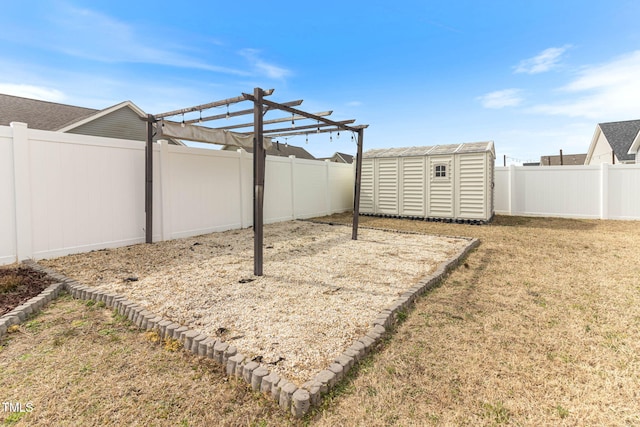 view of yard featuring a shed, a pergola, a fenced backyard, and an outbuilding