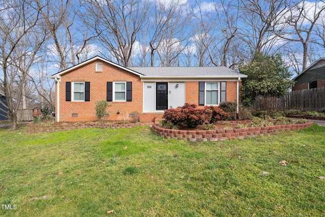 ranch-style house with a front lawn, fence, roof with shingles, crawl space, and brick siding