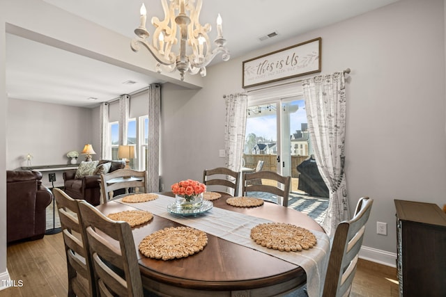 3356 Longleaf Estates Dr, Raleigh, NC 27616 - dining room with visible vents, a notable chandelier, a city view, wood finished floors, and baseboards