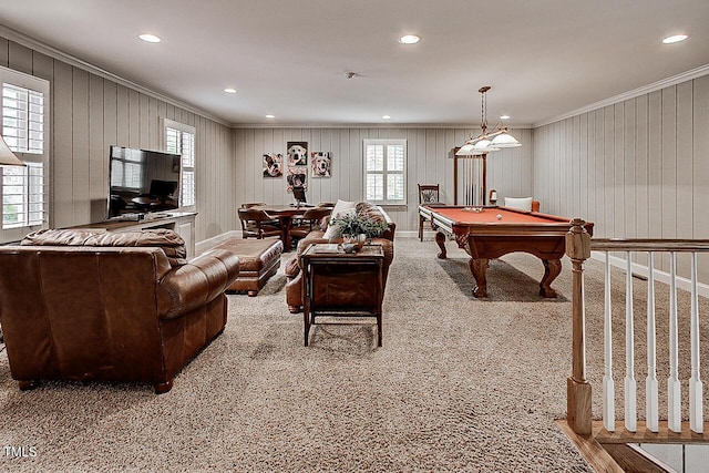 rec room featuring pool table, crown molding, carpet flooring, and recessed lighting