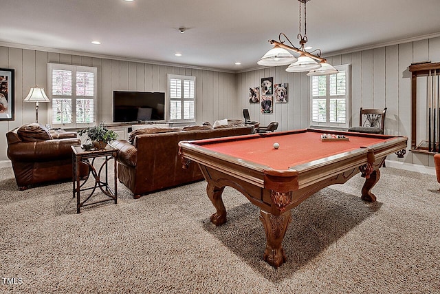 game room with light carpet, plenty of natural light, and crown molding