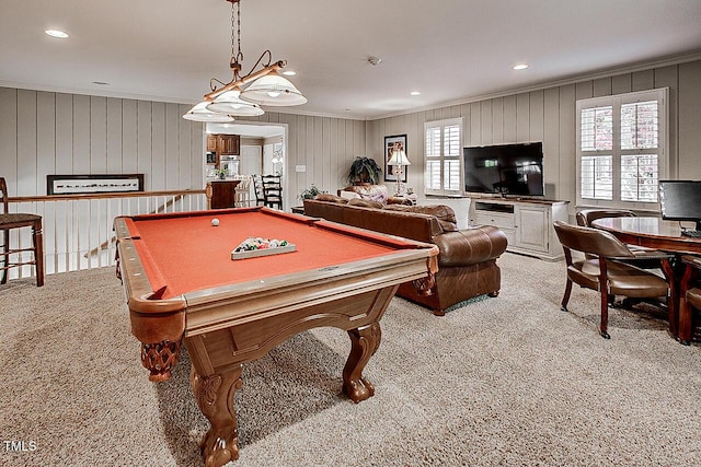 game room featuring ornamental molding, recessed lighting, billiards, and light colored carpet