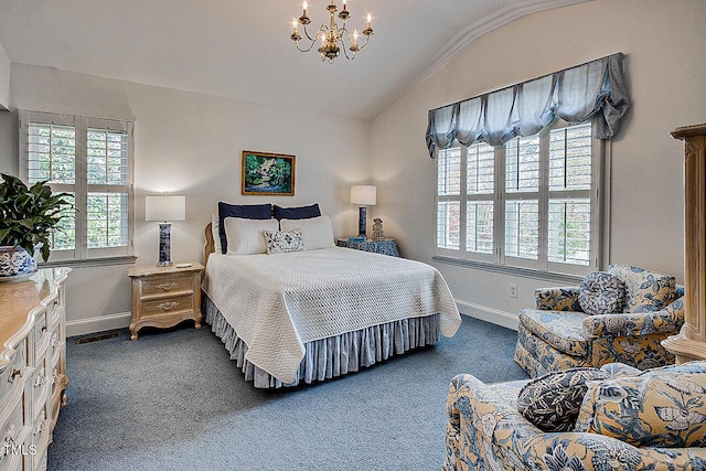 carpeted bedroom featuring lofted ceiling, visible vents, baseboards, and an inviting chandelier