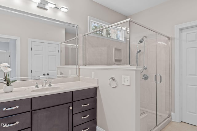 full bathroom featuring vanity, tile patterned floors, and a stall shower