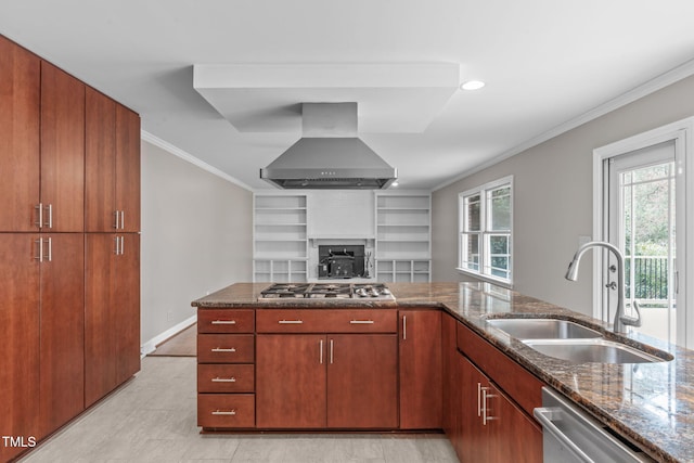 kitchen with ventilation hood, ornamental molding, dark stone countertops, appliances with stainless steel finishes, and a sink