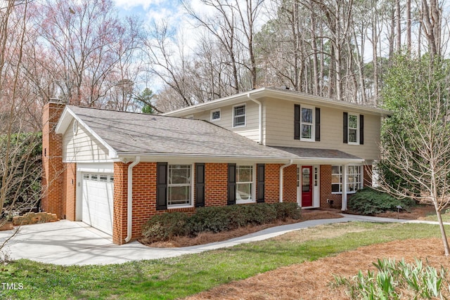 traditional home featuring driveway, a shingled roof, a garage, brick siding, and a chimney