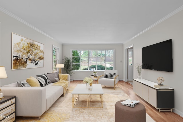 living room featuring baseboards, light wood-type flooring, and ornamental molding