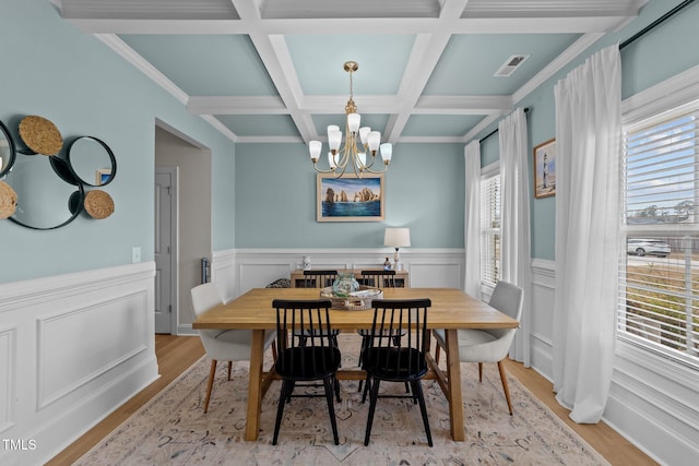 dining room featuring visible vents, a chandelier, wood finished floors, and beamed ceiling