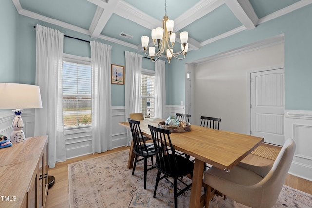 dining area with beam ceiling, coffered ceiling, visible vents, and light wood-style floors