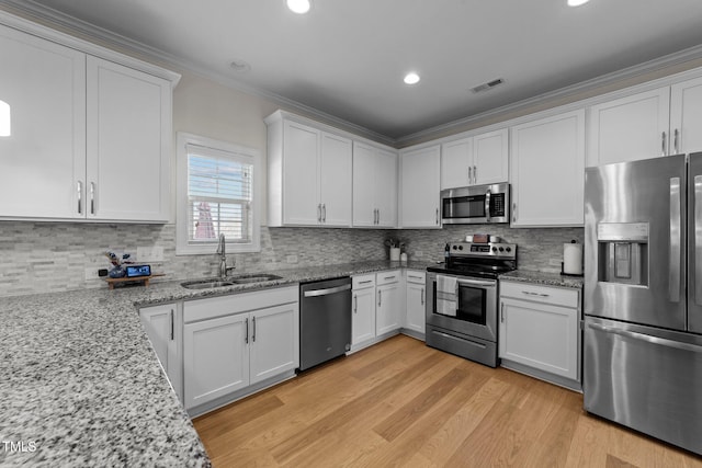 kitchen with a sink, visible vents, white cabinets, ornamental molding, and appliances with stainless steel finishes