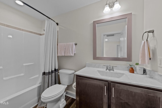 bathroom featuring visible vents, toilet, wood finished floors, shower / bathtub combination with curtain, and vanity