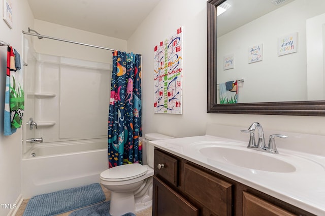 full bath with vanity, shower / bath combination with curtain, toilet, and visible vents