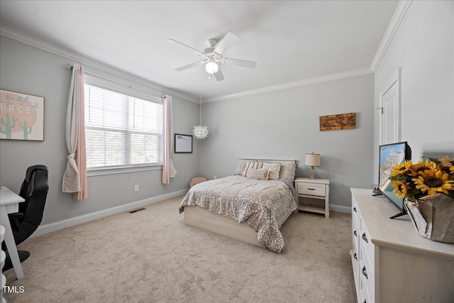 bedroom featuring crown molding, visible vents, a ceiling fan, light carpet, and baseboards