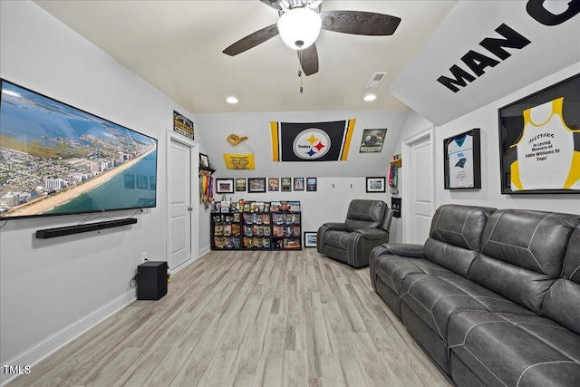 cinema with ceiling fan, recessed lighting, visible vents, baseboards, and light wood-type flooring