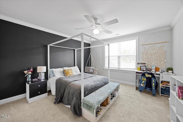 bedroom with ceiling fan, baseboards, crown molding, and light colored carpet