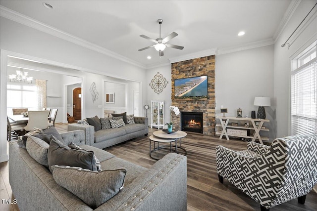 living room with ceiling fan with notable chandelier, ornamental molding, wood finished floors, and a stone fireplace