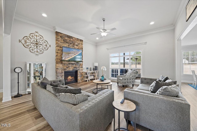 living area featuring baseboards, a stone fireplace, wood finished floors, and crown molding