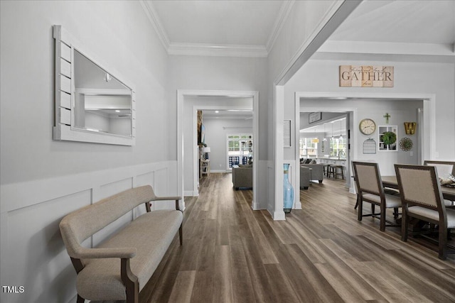 entryway featuring a wainscoted wall, a decorative wall, dark wood-style flooring, and crown molding