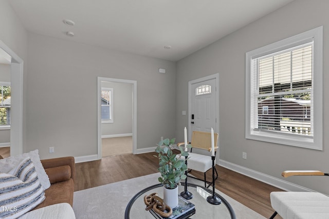 living room with a wealth of natural light, baseboards, and wood finished floors