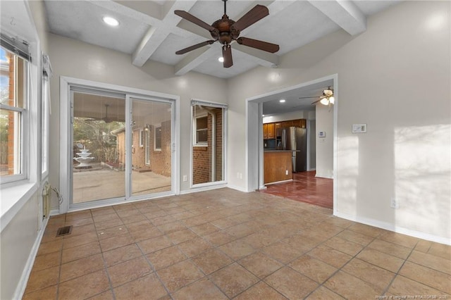 unfurnished room featuring recessed lighting, visible vents, coffered ceiling, beamed ceiling, and baseboards