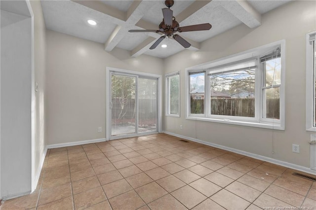 empty room featuring recessed lighting, coffered ceiling, beamed ceiling, and baseboards