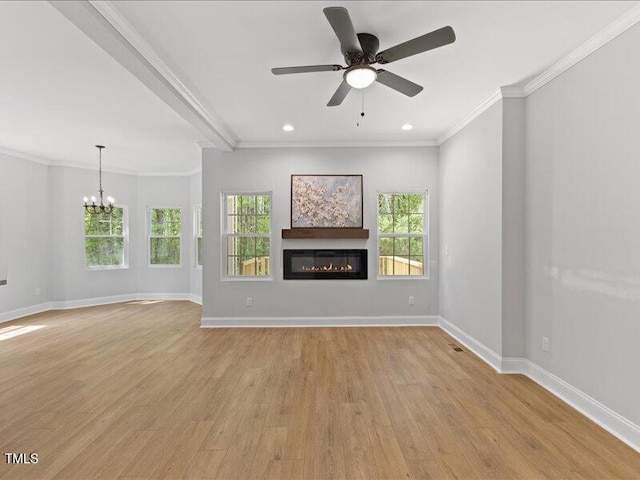 unfurnished living room featuring a glass covered fireplace, baseboards, recessed lighting, light wood finished floors, and ceiling fan with notable chandelier