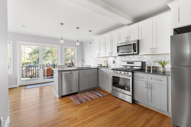 kitchen with appliances with stainless steel finishes, dark countertops, a sink, and a peninsula