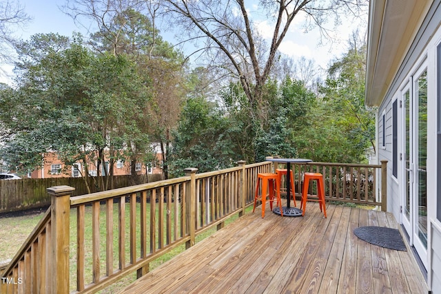 deck featuring fence and a yard